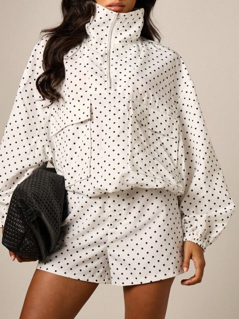 Black And White Casual Women's Polka Dot Funnel Neck Half Zip Utility Jacket